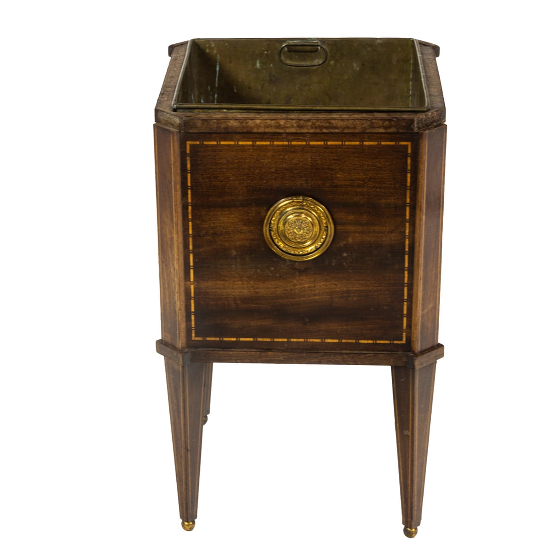 A George III style inlaid wine cooler or jardiniere: A George III style inlaid wine cooler or jardiniere, of square outline flanked by carrying handles and fitted with brass removable liner, 18.5"h x 11.5"sq. Provenance: The Collection of Adolphus