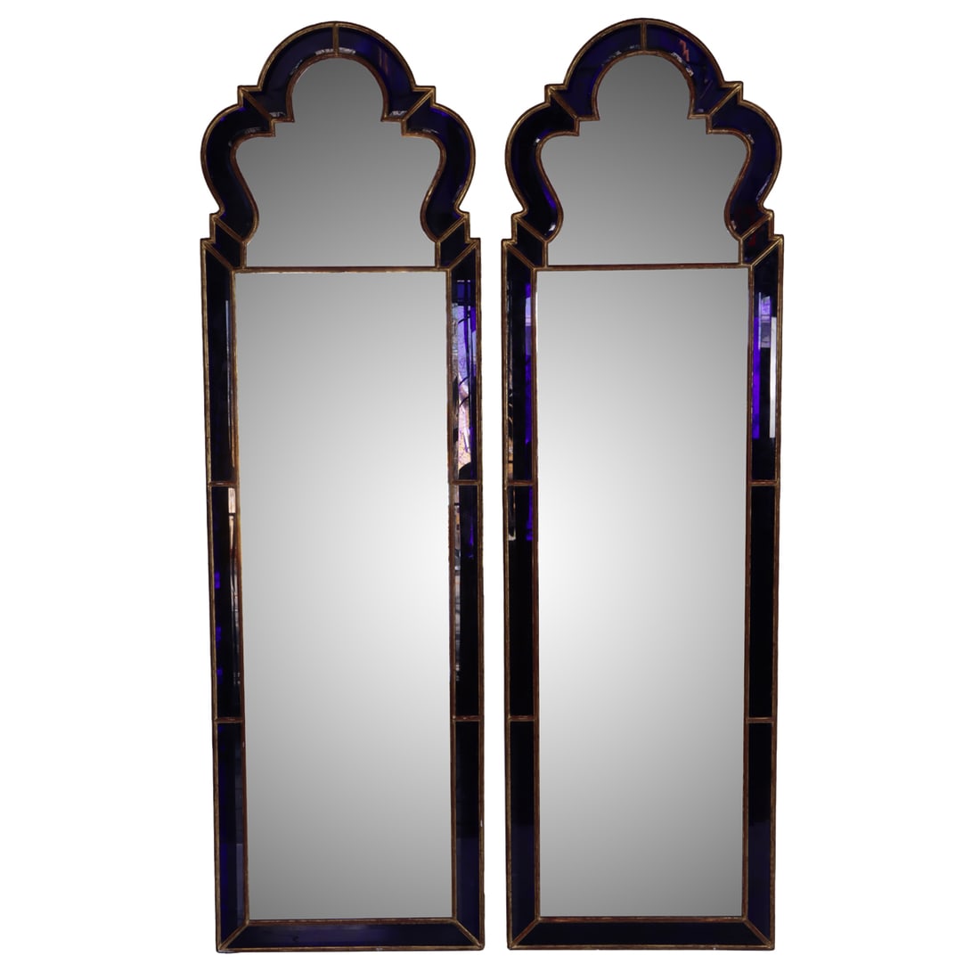 A pair of French mirror circa 1830: A pair of French mirror circa 1830, the carved and gilt border surrounding the bevel cobalt glass flanking the original mirror having an etched starburst reserve, 75"h x 22"d