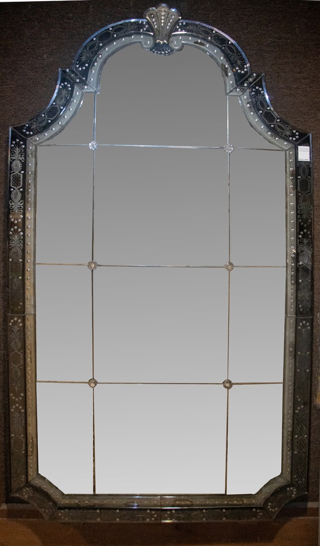 A large Venetian reverse envaged cobalt and clear glass mirror with arched top: A large Venetian reverse envaged cobalt and clear glass mirror with arched top, 63"h x 33"w x 1.5"d