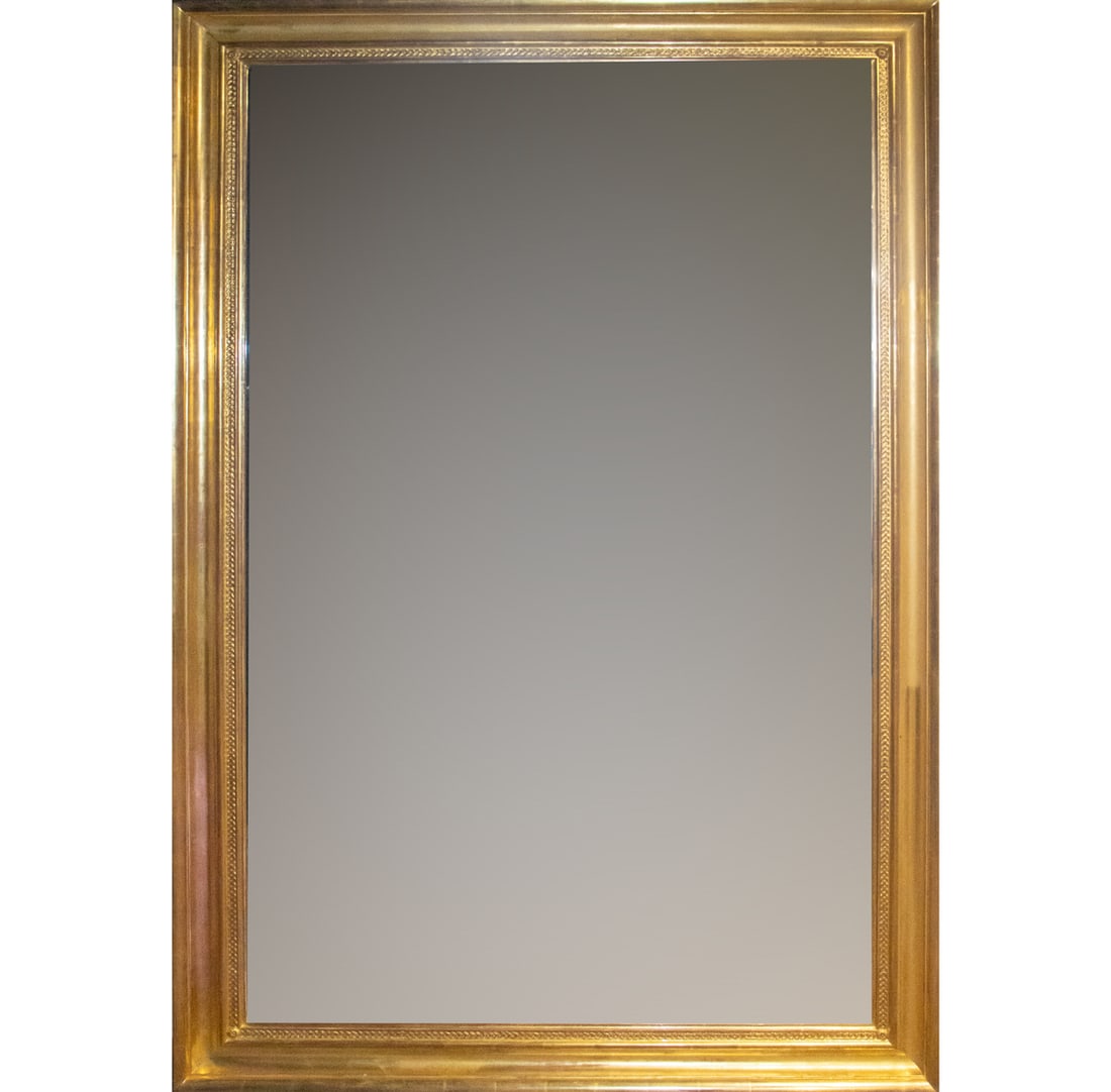 A large giltwood mirror with beveled edge: A large giltwood mirror with beveled edge, 74.5"h x 47"w x 2.5"d