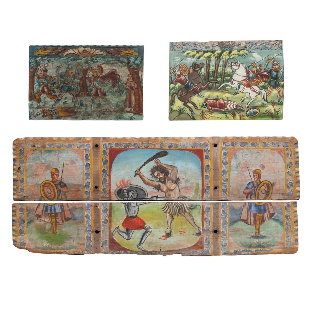 A group of Sicilian polychrome decorated cart panels: A group of Sicilian polychrome decorated cart panels, cart panels depicting combat scenes, each image composed of two boards which are currently separated, greatest board: 9.5"h x 44"w, together with