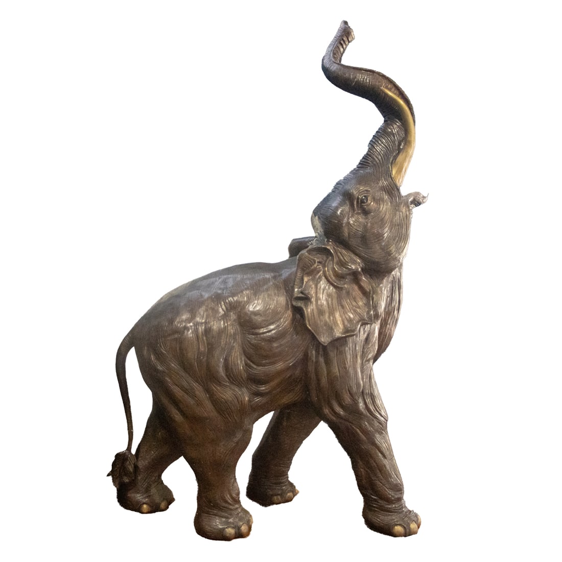A large Contemporary patinated bronze figure of an elephant with trunk raised (1 of 3)