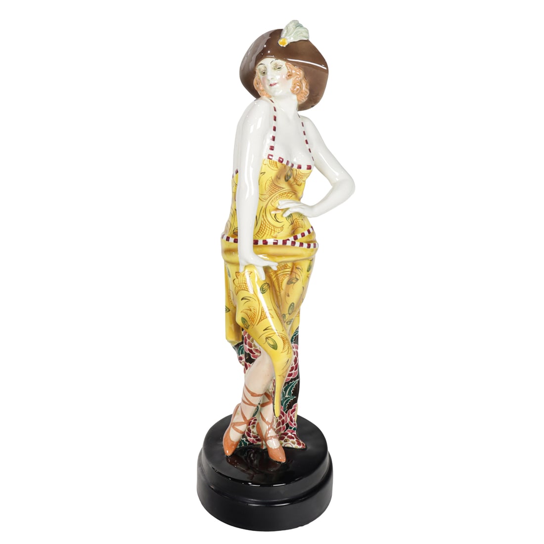 A Josef Lorenzl for Goldschneider Art Deco figure of a dancer in pose wearing yellow dress (1 of 5)