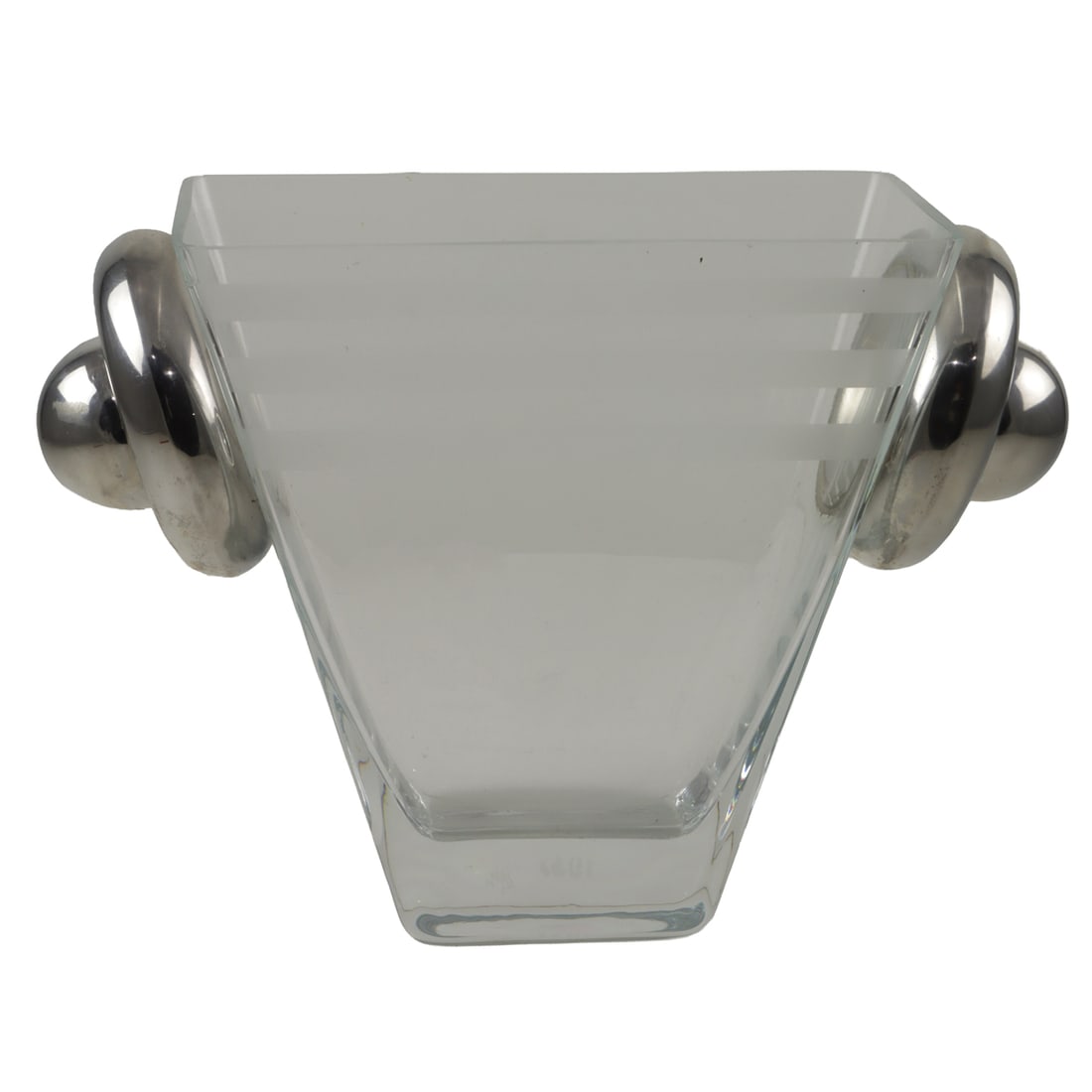 A French Art Deco vase, A. Riecke for La Coupole: A French Art Deco glass vase, attributed to Anatole Riecke for La Coupole Brasserie, the banded tapered form flanked by chromed ring and ball metal handles, indistinctly engraved signature and dated '