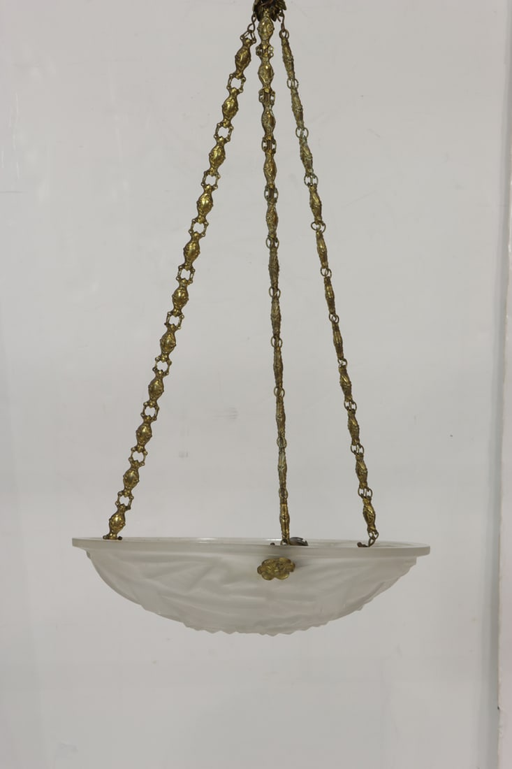 A French Art Deco Verrerie d'Art Degue glass plafonnier pendant fixture: A French Art Deco Verrerie d'Art Degue glass plafonnier pendant fixture, signed 'DEGUE', with gilt metal chain suspension, (including chain) approx 21.5"h x 14"dia