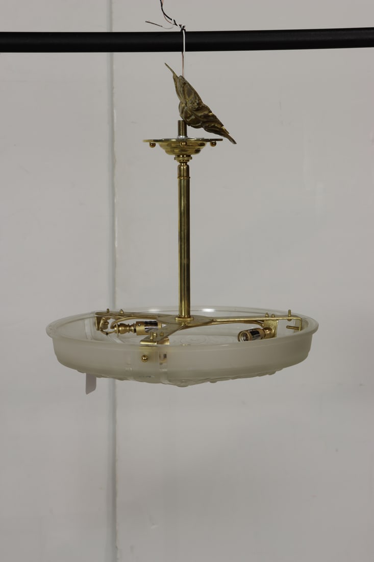 A French Art Deco Sabino glass plafonnier pendant fixture with three lights: A French Art Deco Sabino glass plafonnier pendant fixture with three lights, approx 12.5"h x 14"dia