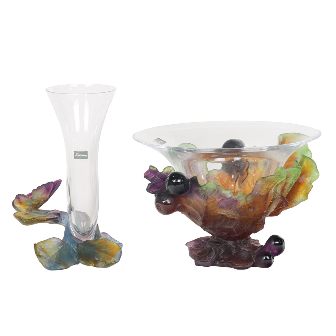 A Daum pate de verre and clear vase and bowl: A Daum pate de verre and clear vase and bowl, the first Saliflor Papillon trumpet form vase with butterfly, 8.25"h; the second bowl decorated with fig fruits and leaves, 6"h x 9"dia, each with engrave