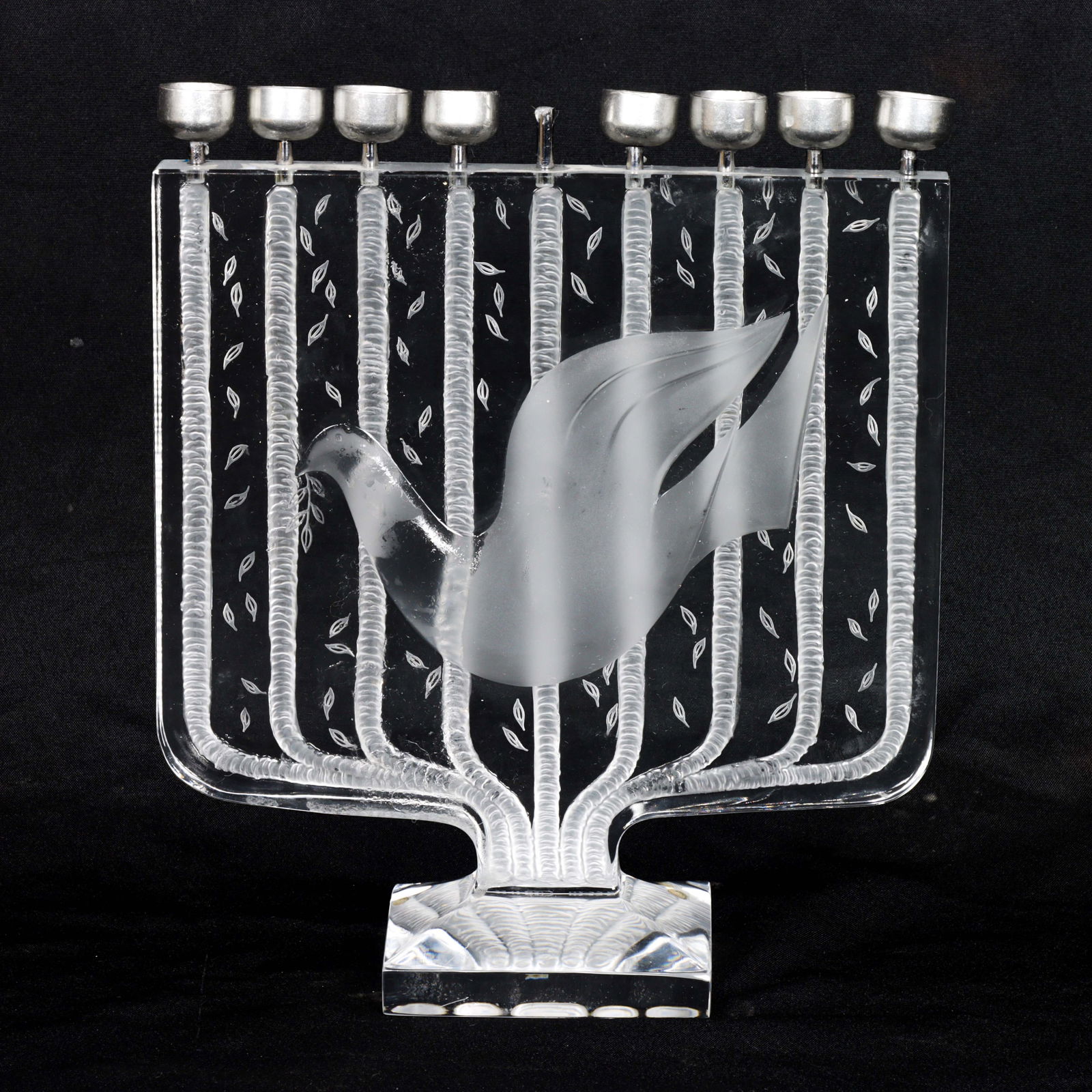 A Claude Nicolas for Daum glass Judaica menorah: A Claude Nicolas for Daum glass Judaica menorah, late 20th century, incised signature and factory mark, includes factory presentation box, 10.5?h x 9?d