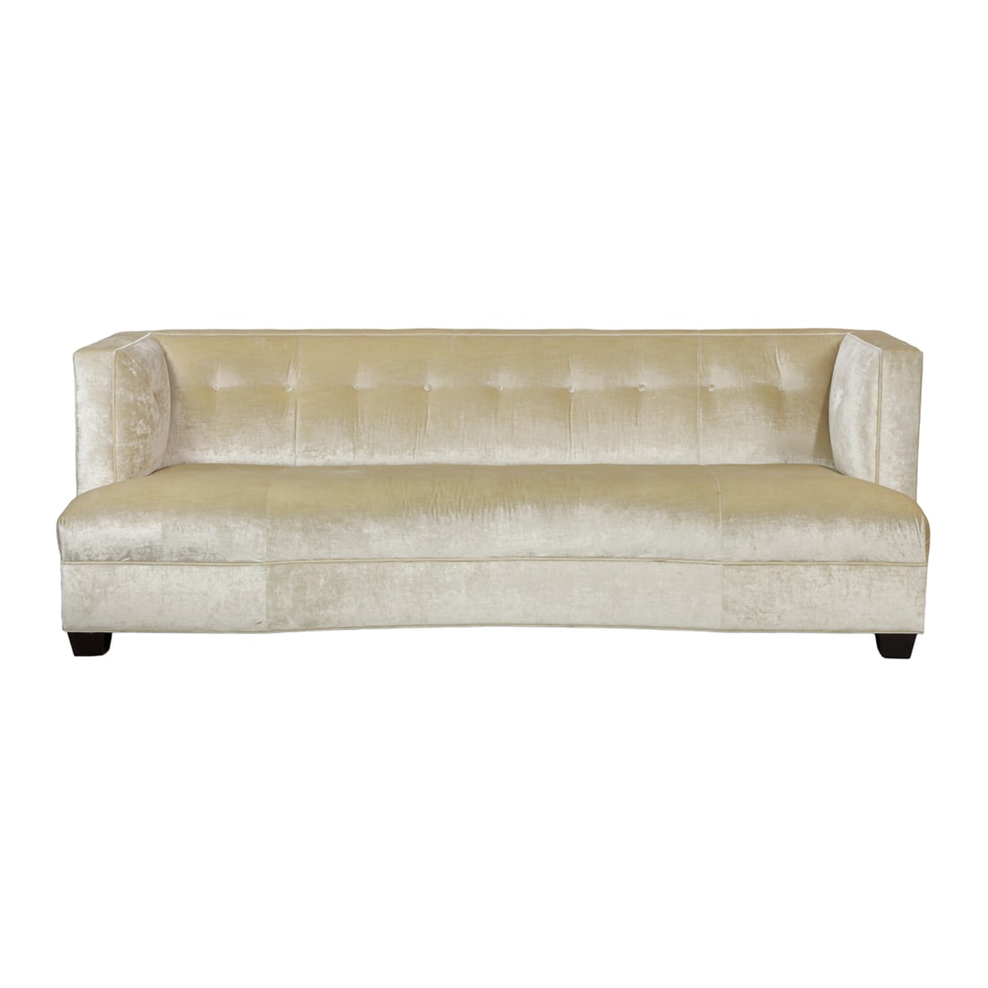 A contemporary silk velvet upholstered sofa: A contemporary silk velvet upholstered sofa, the deep curvilinear form with button accents to back and sides, and rising on square ebonized feet, 32"h x 90.5"w x 31.5"d