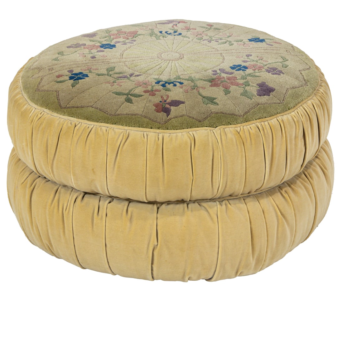 An Art Deco cream pouf ottoman: An Art Deco cream pouf ottoman, with pleated velvet sides and a Chinese decorated top, 14.5"h x 25.5"dia