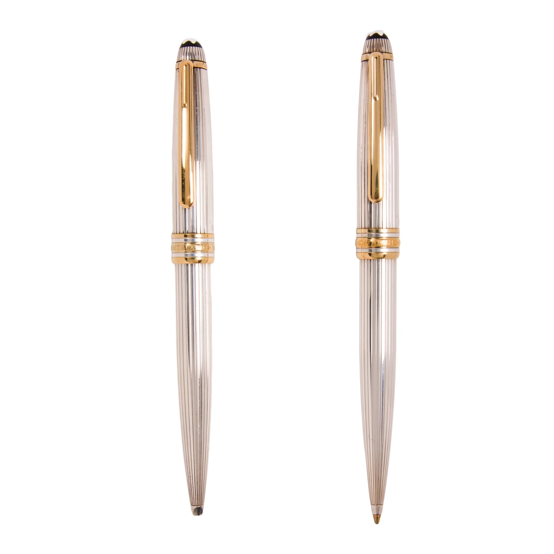 A Montblanc Meisterstuck sterling silver Solitaire rollerball and pencil set: A Montblanc Meisterstuck sterling silver Solitaire rollerball and pencil set, each featuring a pinstripe sterling silver barrel and cap, hallmarked 'Ag 925', pen marked 'CP1010438', pencil marked