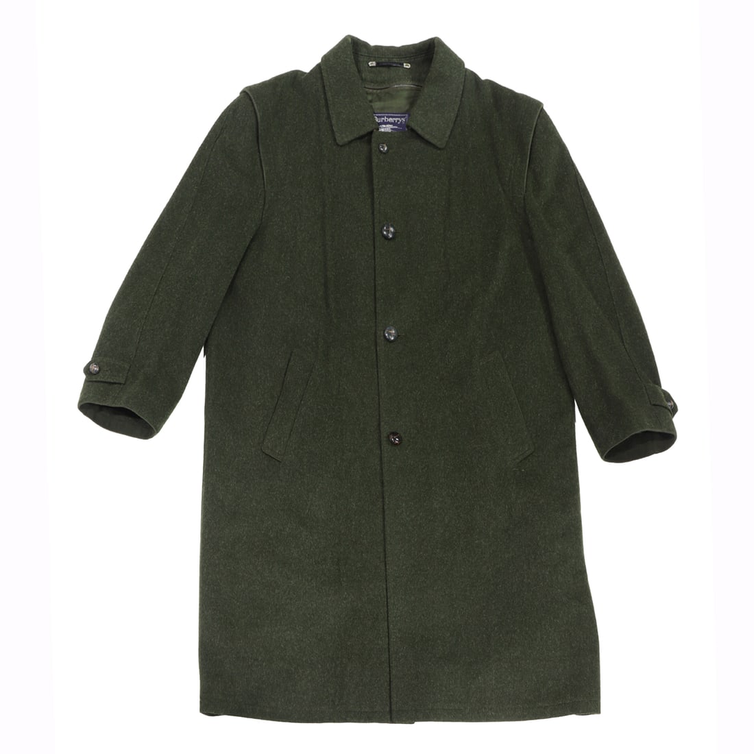 A vintage Burberry dark green wool men's overcoat with removable Nova check wool liner: A vintage Burberry dark green wool men's overcoat with removable Nova check wool liner, made for Burberrys Original Loden, shell 80% virgin wool and 20% alpaca, size 54, made in Austria, 45"l