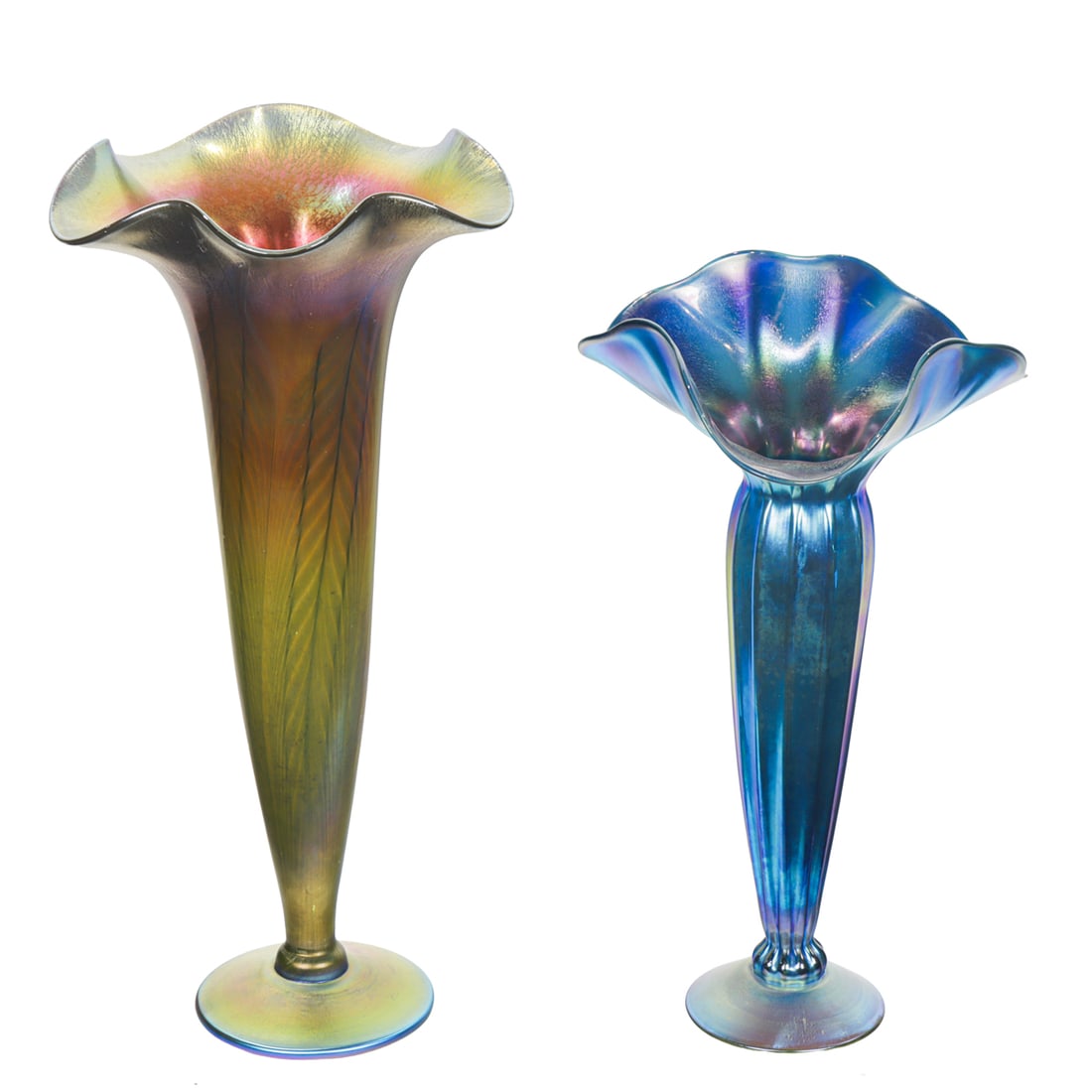Two Lundberg Studios iridescent glass trumpet form vases (1 of 6)