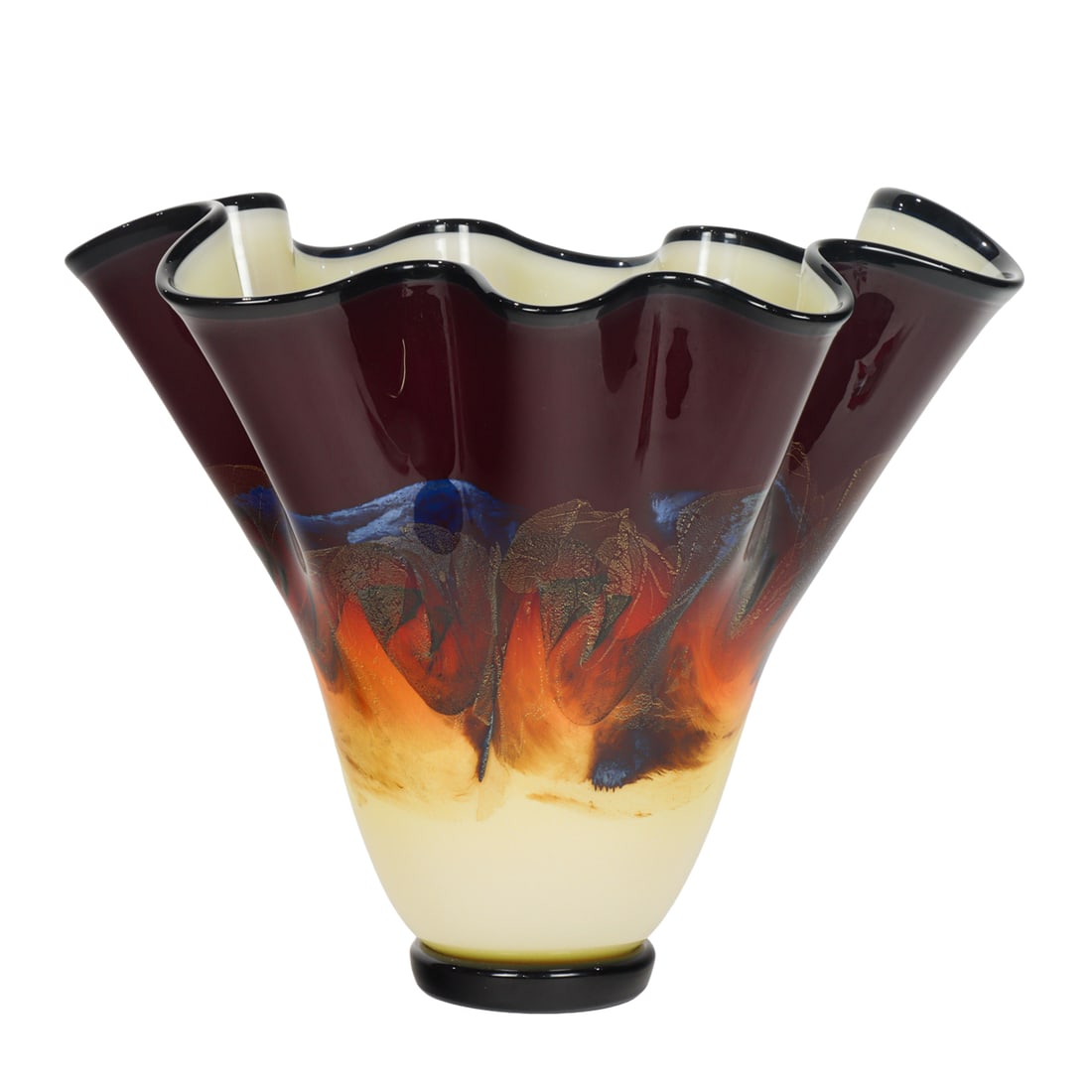A Michael Nourot glass trumpet form vase with ruffled rim: A Michael Nourot glass trumpet form vase with ruffled rim, circa 1989, signed indistinctly 'Nourot M F 14. 15.NN', 11.5"h x 14.5"w