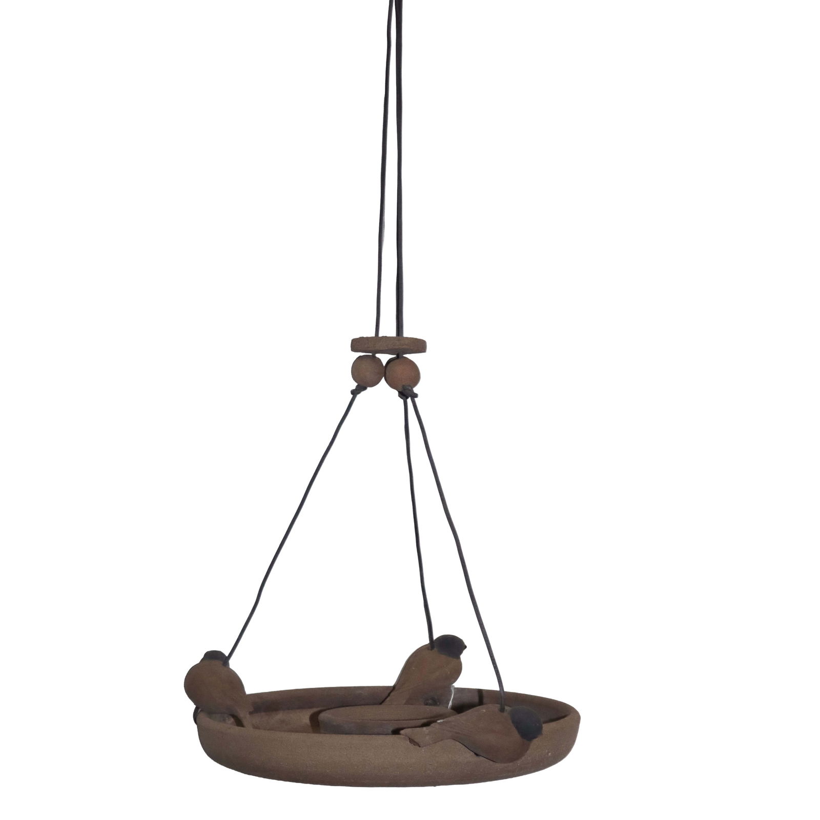 A Hans Sumpf stoneware bird feeder: A Hans Sumpf stoneware bird feeder, unmarked, the ring suspended from three cords threaded with figures of birds, 11"dia