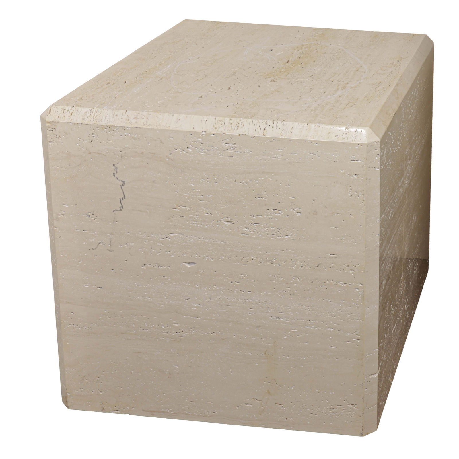 A Mexican travertine pedestal table: A Mexican travertine pedestal table, retailer label marked 'Made in Mexico for Kreiss', 24.5"h x 24.75"w