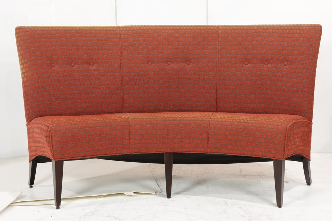 A contemporary upholstered crescent shaped bench: A contemporary upholstered crescent shaped bench, 43"h x 76.5"w x 18.75"d (seat)
