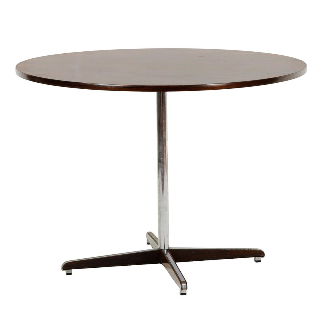 A Modern rosewood table raised on chromed and rosewood four star or propeller base: A Modern rosewood table raised on chromed and rosewood four star or propeller base, 29.5"h x 39"dia