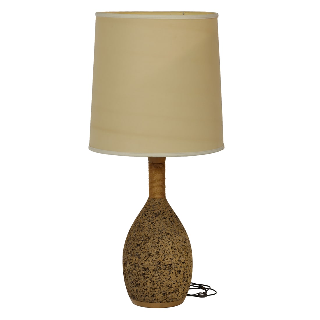 A large Mid-Century rope bound cork table lamp: A large Mid-Century rope bound cork table lamp, 43.5"h x 17.5"dia (overall); 25"h (excluding electrical fittings)