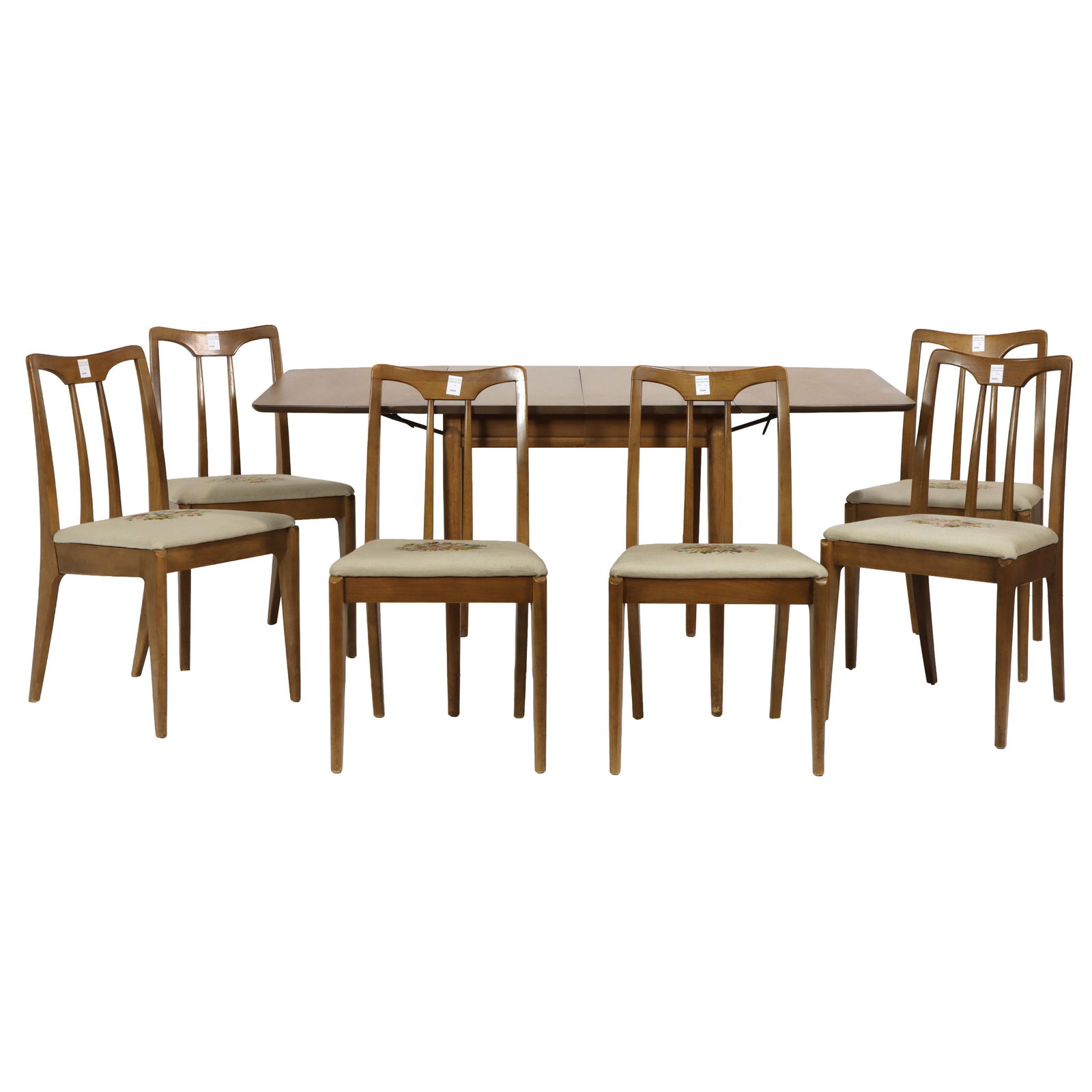 A John Van Koert for Projection by Drexel dining set: A John Van Koert for Projection by Drexel dining set, comprising (1) dropleaf table 7262-4; (3) 12-inch leaves and (6) chairs, table: 29.5"h x 62.25"l x 40"d; chairs: 33"h x 19"w x 16.5"d (seat)