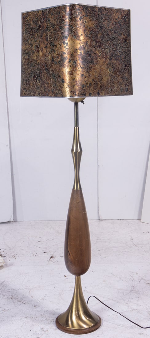 A Mid Century Modern brass and walnut floor lamp in the manner of Gerald Thurston: A Mid Century Modern brass and walnut floor lamp in the manner of Gerald Thurston, circa 1950, 59"h