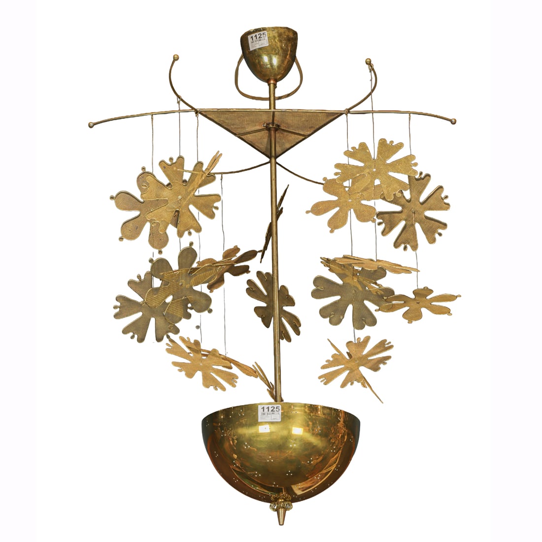A Paavo Tynell style brass Snowflake chandelier: A Paavo Tynell style brass Snowflake chandelier, the pierced bowl with six curved arms issuing mesh snowflakes, unmarked, 34"h x 24"w x 10"d