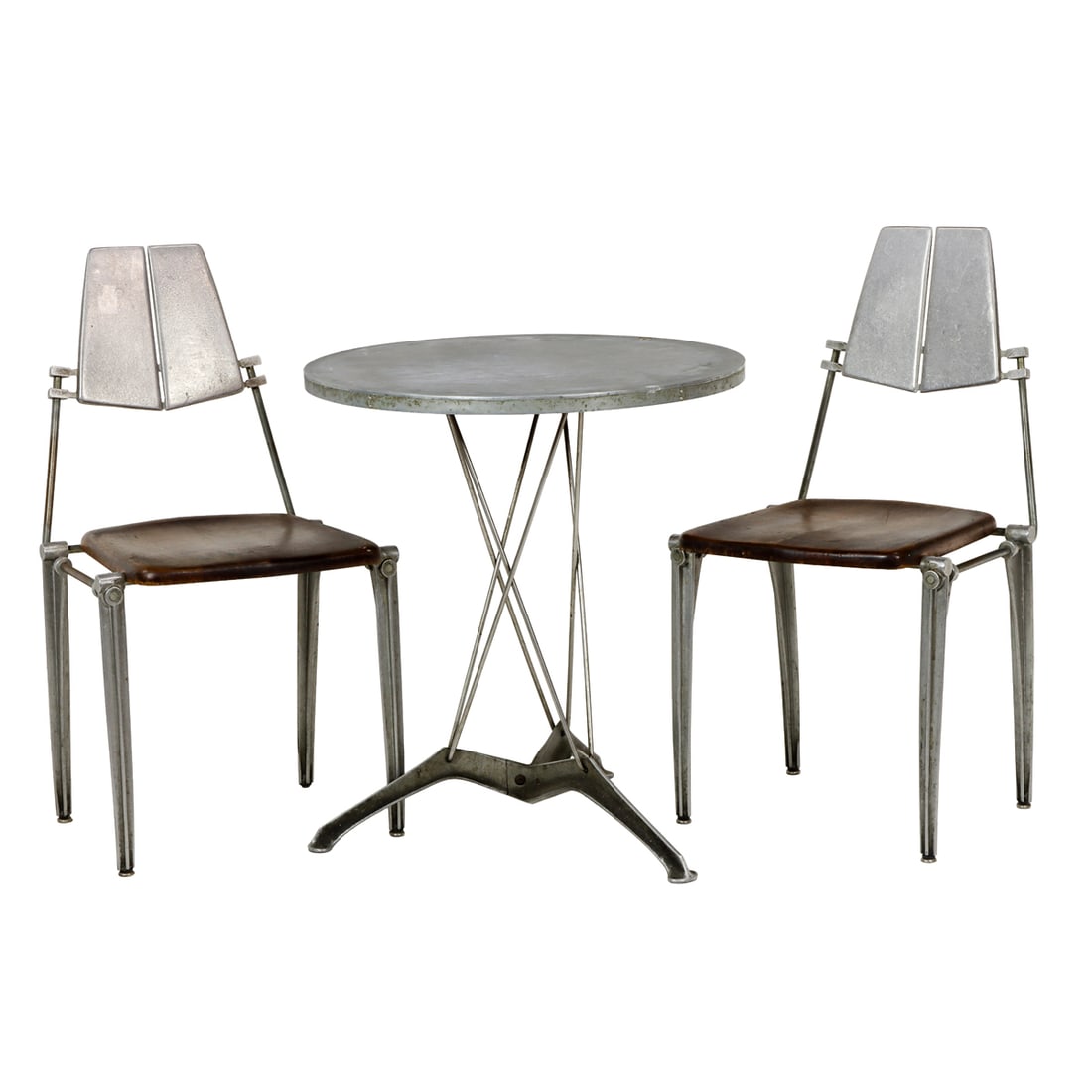 A Robert Josten aluminum and wood bistro set: A Robert Josten aluminum and wood bistro set, 1970s/80's, comprising two chairs and a round table, chair 34.5"h x 18.5"w; 18"h (seat); table 29"h x 24"dia