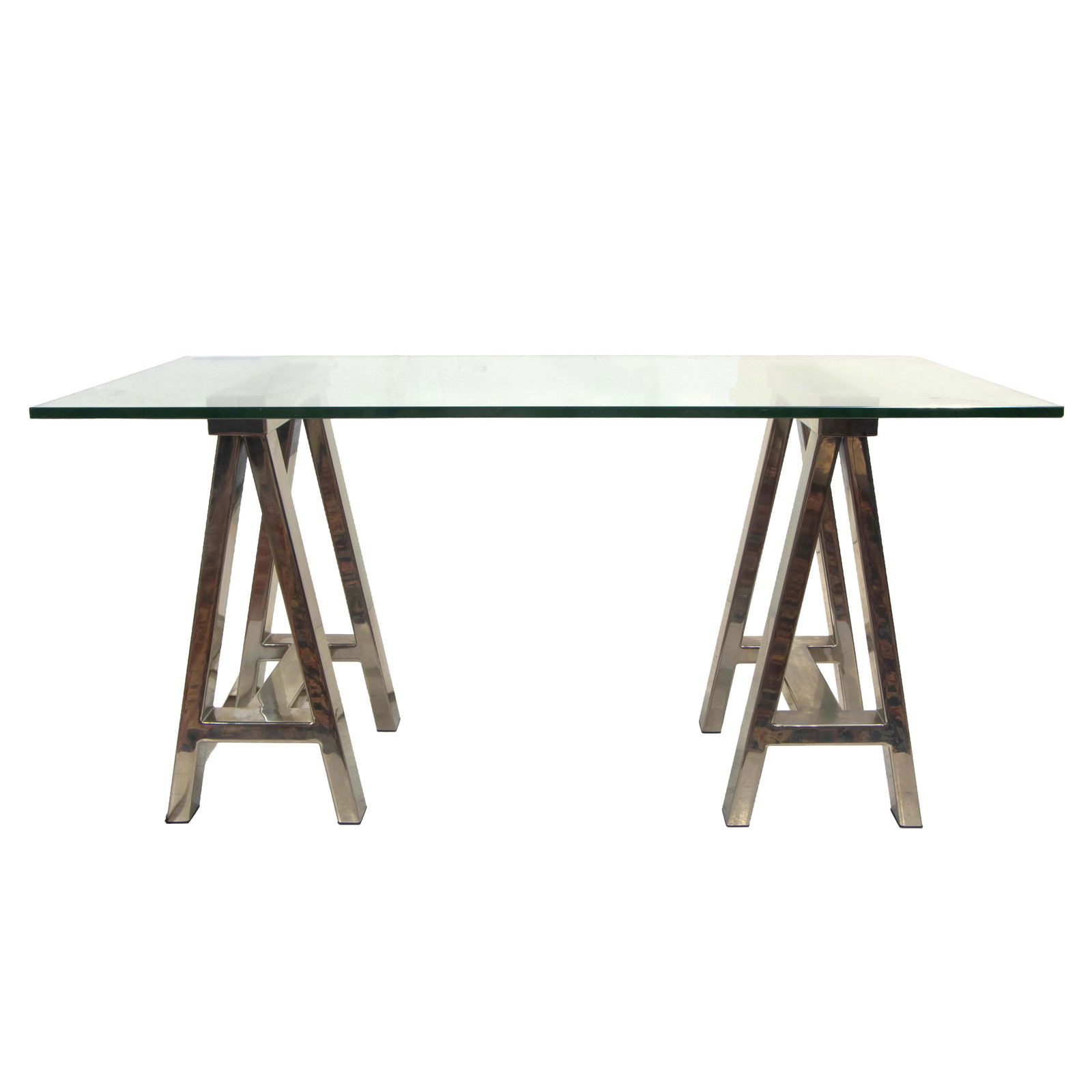A contemporary polished stainless steel and glass sawhorse table or desk (1 of 4)