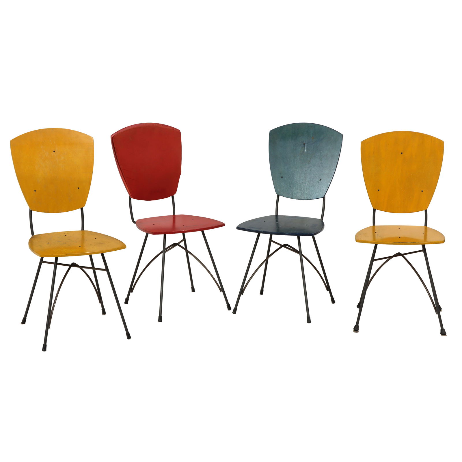 A set of four Modern painted wood and iron dining chairs: A set of four Modern painted wood and iron dining chairs, signed 'Jameson '92', 35.5"h x 16"w x 16"d