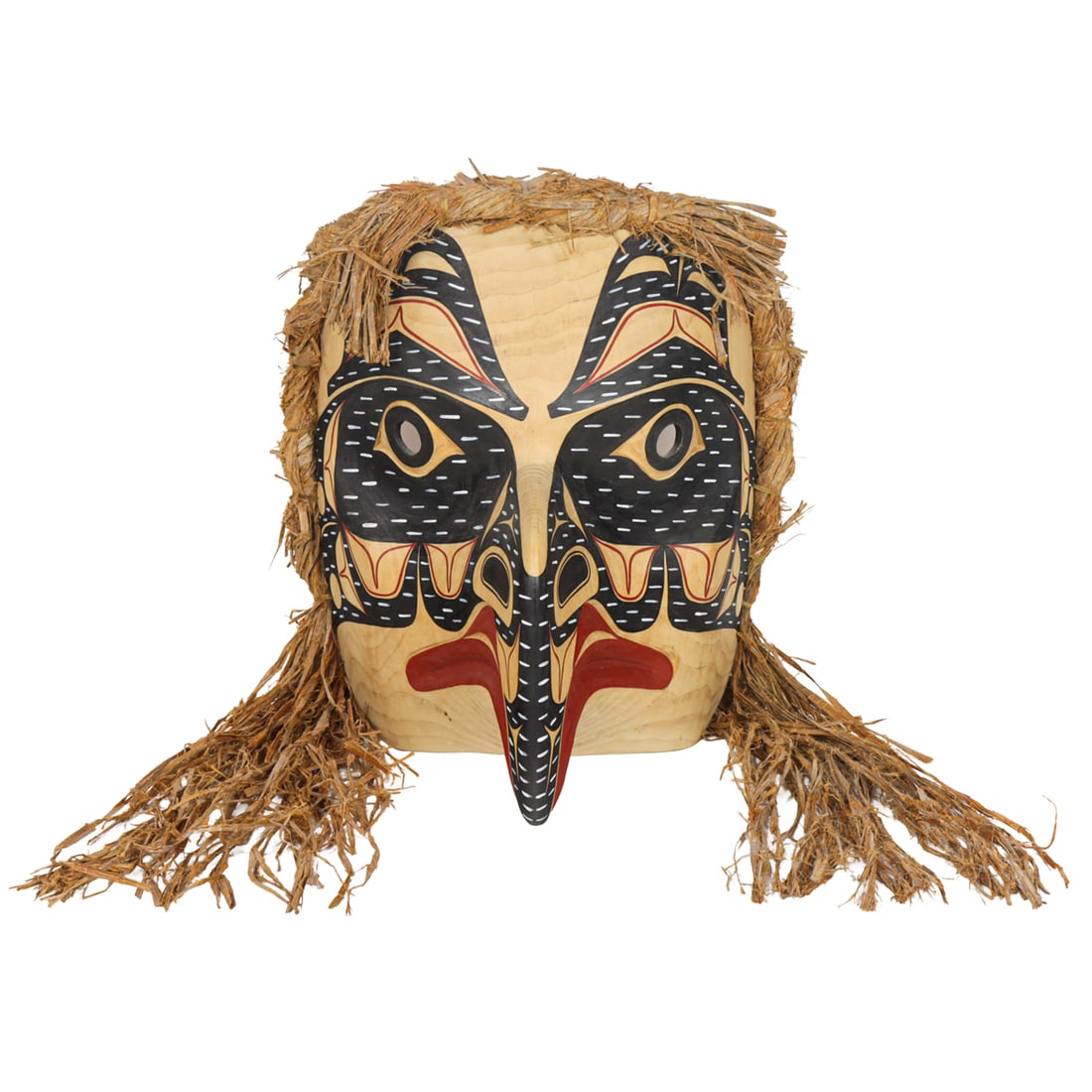 A Pacific Northwest Coast carved Eagle mask: A Pacific Northwest Coast carved Eagle mask, David A. Boxley, Tsimshian Nation, dated 1999, signed 'David Boxley', titled and dated, 13.25"h (excluding pendant grasses) x 12"w
