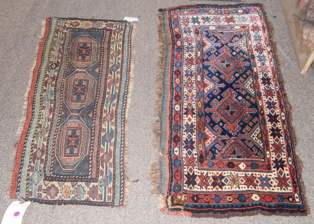 An antique Shahsevan Soumak flat weave: An antique Shahsevan Soumak flat weave, 2'0" x 3'5" together with an antique Persian Veramin (Veravin) mat, Torba flat weave and 1'6" x 3'11"