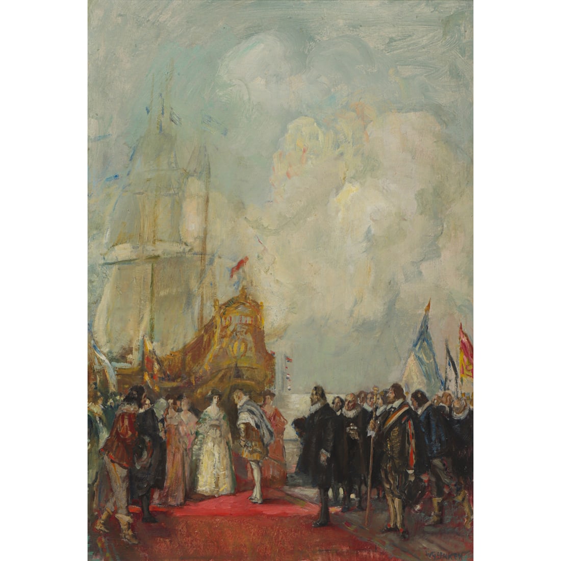 Painting, Walter Geffcken: Walter Geffcken (German, 1872-1950), Venetian Scene, oil on board, signed lower right, sight: 26"h x 19.5"w, overall (with frame): 31"h x 24.5"w