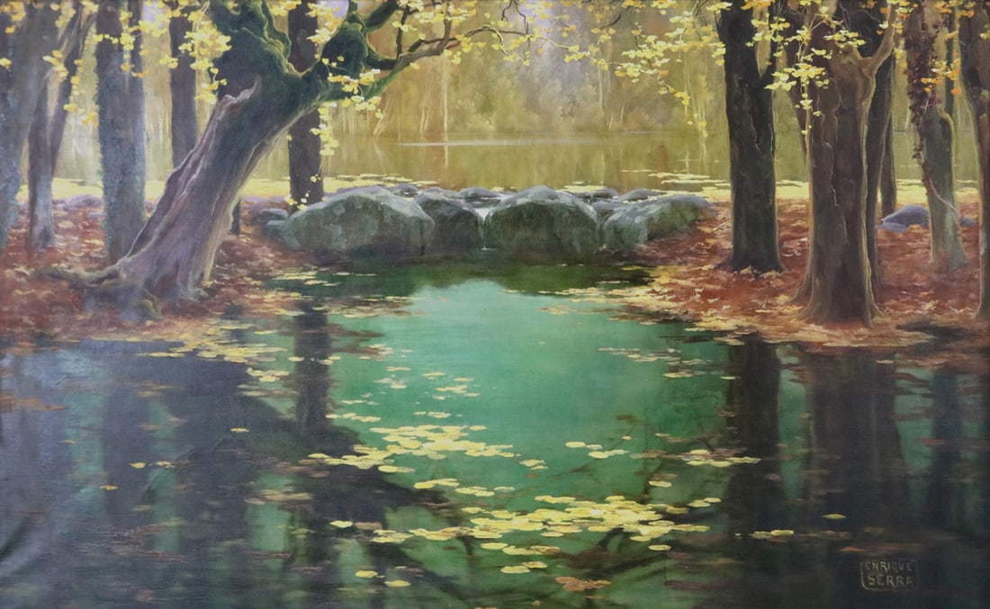 Painting, Enrico (Enrique) Serra: Enrico (Enrique) Serra Y Auque (Spanish, 1859-1918), Untitled (Pond in Autumn), oil on canvas, signed lower right, canvas: 28.5"h x 45"w, overall (with frame): 42"h x 58.5"w