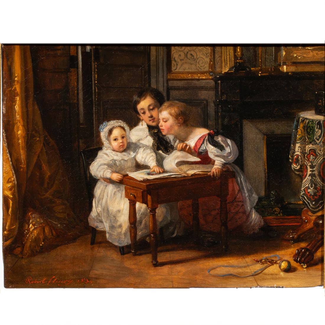 Painting, Robert Fleury: Robert Fleury (French, 1797-1890), "Les Enfants de la Jarquin," 1834, oil on canvas, signed and dated lower left, canvas: 9"h x 11"w, overall (with frame): 14.75"h x 17.5"w. Provenance: Talabadon and