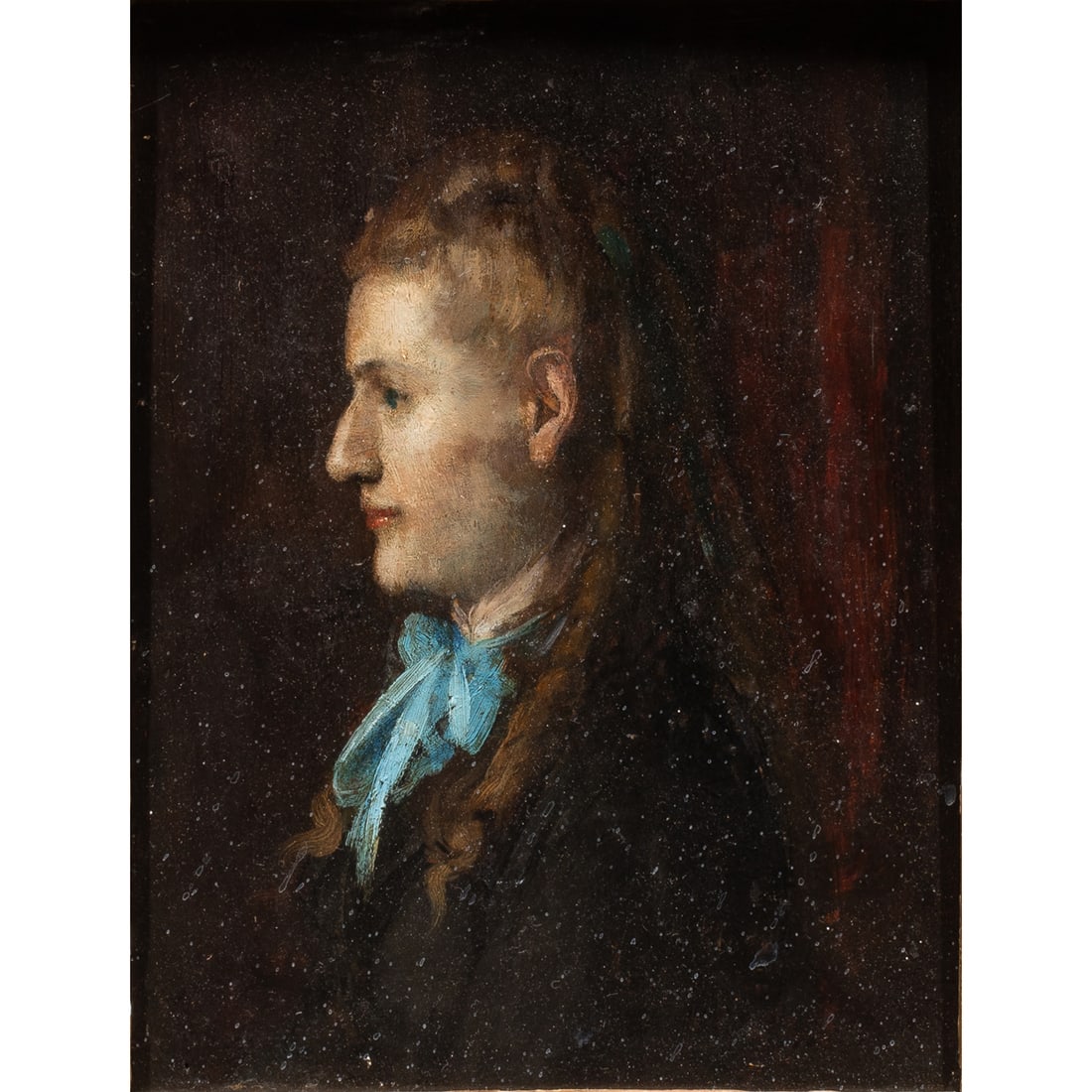 Painting, Jean Jacques Henner: Jean Jacques Henner (French, 1829-1905), Portrait of Henriette Levy, 1873, oil on panel, titled to period label verso, dated verso, panel: 9.25"h x 7.25"w, overall (with frame): 17.5"h x 15.5"w