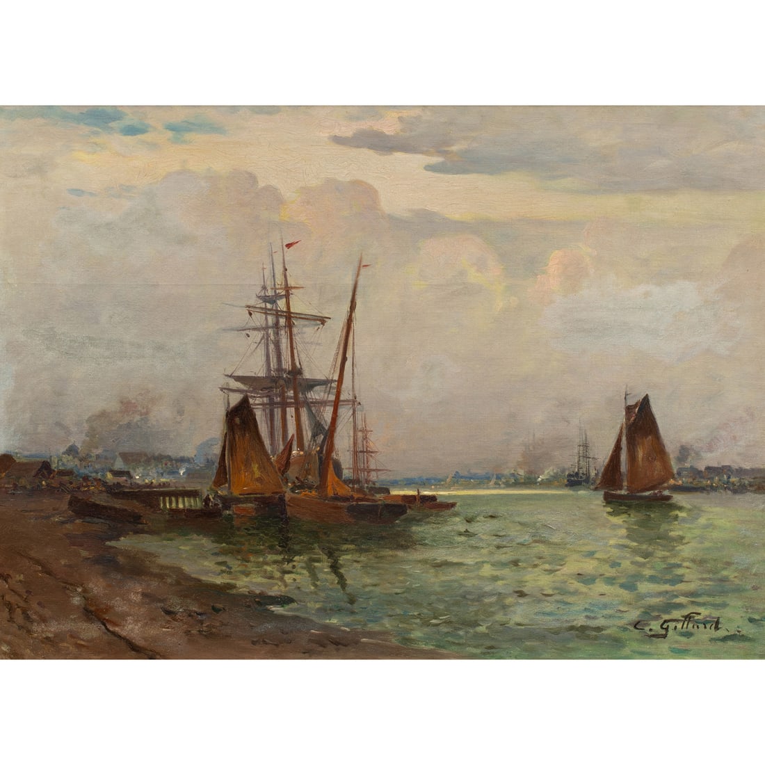Painting, Charles Henry Gifford: Charles Henry Gifford (American, 1839-1904), Harbor Scene, oil on canvas, signed lower right, canvas: 21.5"h x 28.75"w, overall (with frame): 27.5"h x 35"w