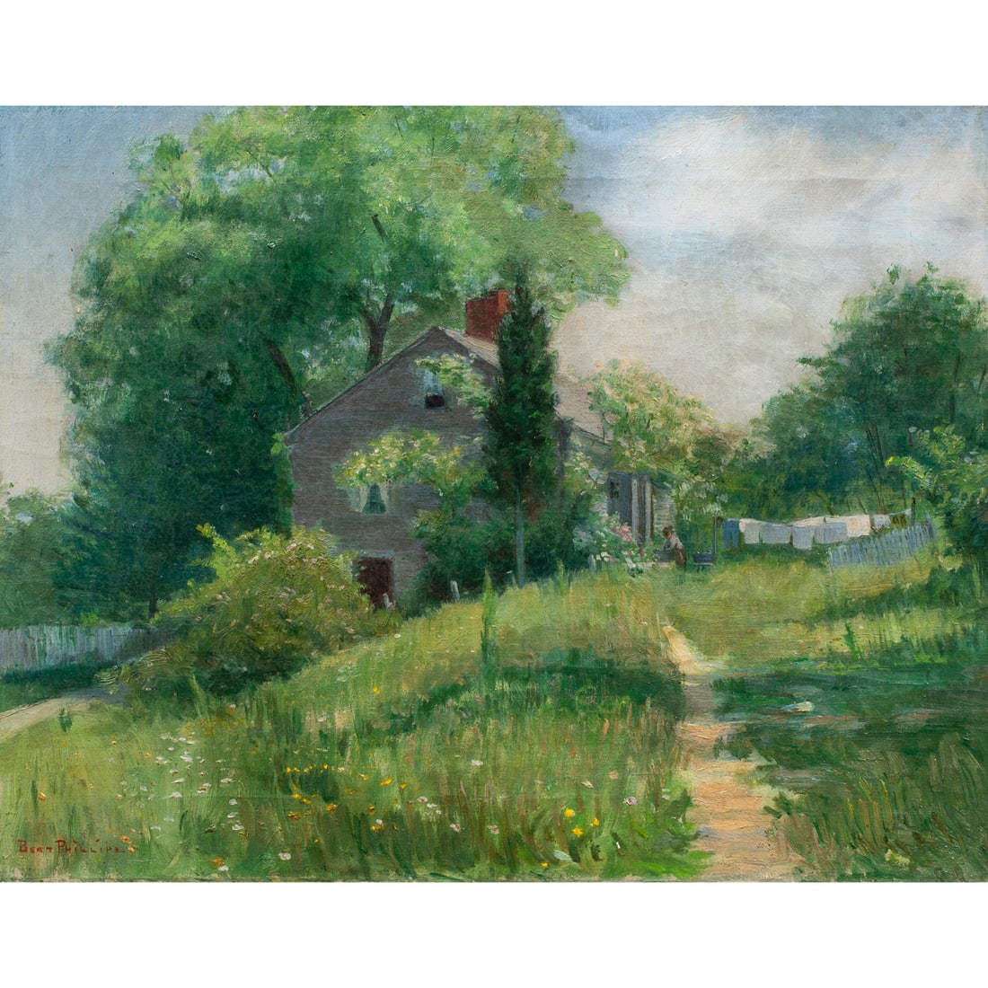Painting, Bert Geer Phillips: Bert Geer Phillips (American, 1858-1956), Drying Clothes on a Spring Day, oil on canvas, signed lower left and indistinctly titled verso, canvas: 14"h x 18"w, overall (with frame): 17"h x 21"w