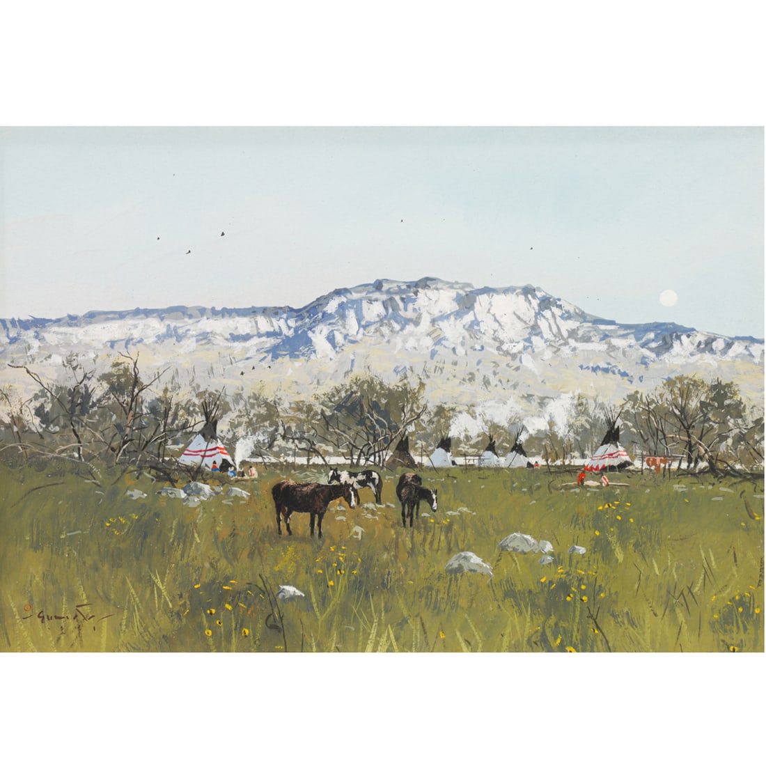 Work on paper, Gregory Sumida: Gregory Sumida (American/Japanese, b. 1948), "Moon Ridge Encampment," gouache, signed lower right, sight: 7"h x 10"w, overall (with frame): 16"h x 18.5"w