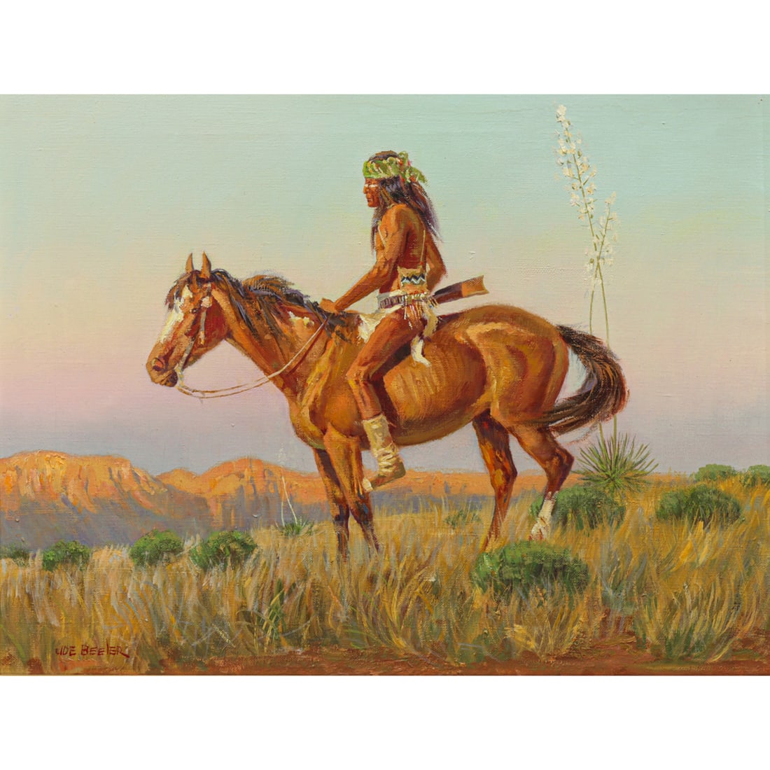 Painting, Joe Beeler: Joe Beeler (American, 1931-2006), Man on Horseback, oil on canvas, signed lower left, canvas: 14"h x 18"w, overall (with frame): 18.75"h x 22.75"w