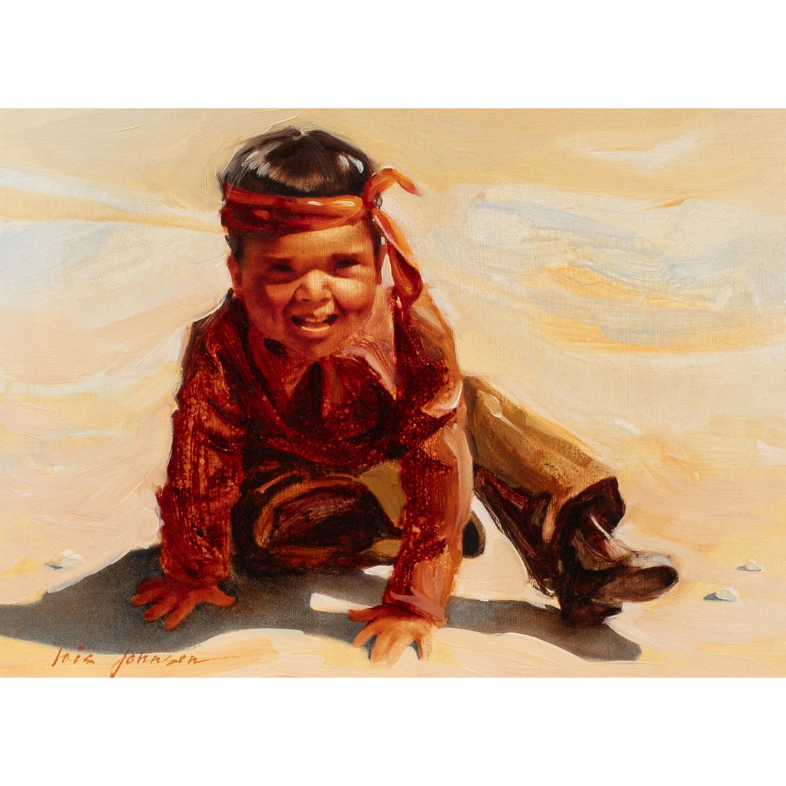 Painting, Lois Johnson: Lois Johnson (American, b.1942), "Keeping Up," oil on board, signed lower left, titled verso, board: 9"h x 12"w, overall (with frame): 15.5"h x 18.5"w