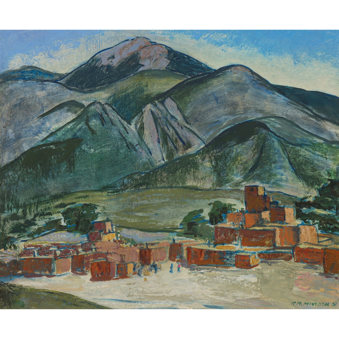 Painting, P.R. McIntosh: P.R. McIntosh (American, 1897-1985), Taos Pueblo, New Mexico, 1951, oil on board, signed and dated lower right, auction label (DuMouchelle's, Detroit, MI) affixed, sight: 19"h x 23.5"w, overall (with