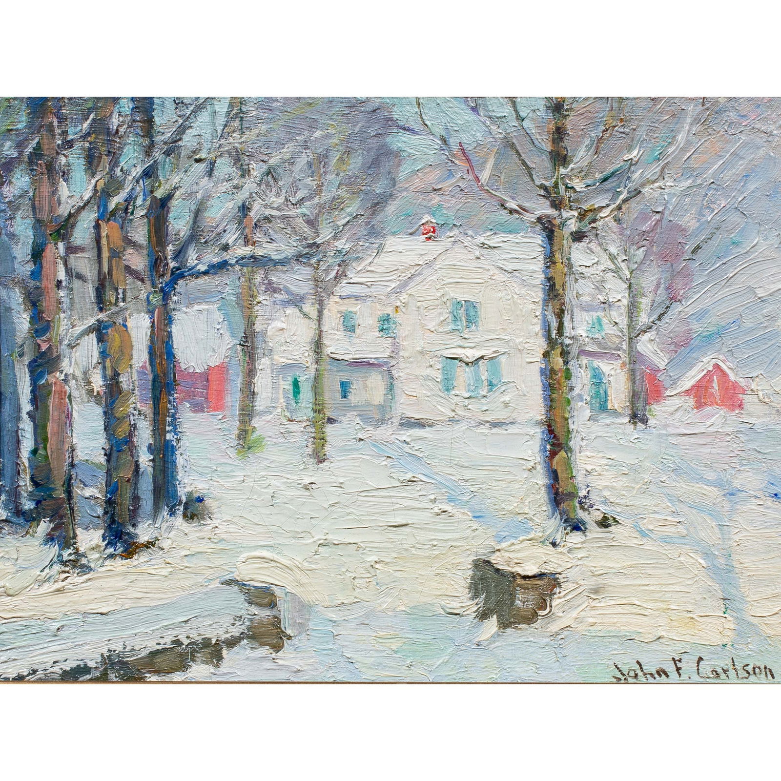 Painting, John Fabian Carlson: John Fabian Carlson (American, 1874-1945), Untitled (After the Snow), oil on board, signed lower right, board: 8"h x 10.25"w, overall (with frame): 13.25"h x 15.75"w