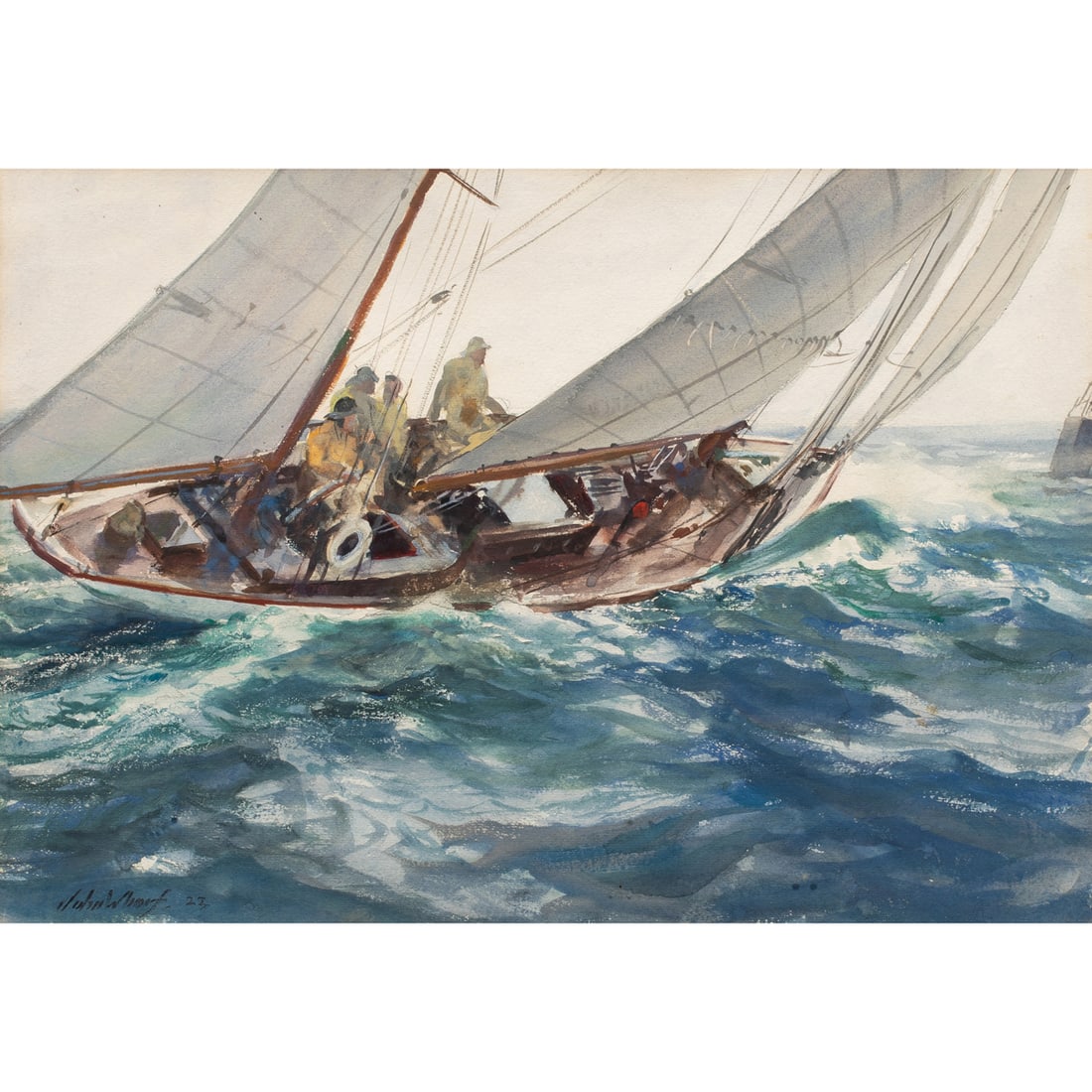 Watercolor, John Whorf: John Whorf (American, 1903-1959), Heeling Sailboat, 1922, watercolor, signed and dated lower left, sight: 14.5"h x 21"w, overall (with frame): 23"h x 29"w