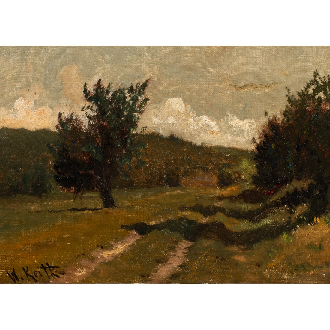 Painting, William Keith: William Keith (American, 1838-1911), Untitled (Afternoon Shadows), oil on canvas board, signed lower left, board: 6.75"h x 10"w, overall (with frame): 10.5"h x 14"w