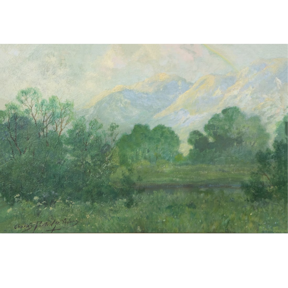 Painting, Charles Partridge Adams: Charles Partridge Adams (American, 1858-1942), Untitled (Rainbow Over the Rockies), oil on board, siged lower left, board: 12"h x 18"w, overall (with frame): 17.75"h x 23.75"w