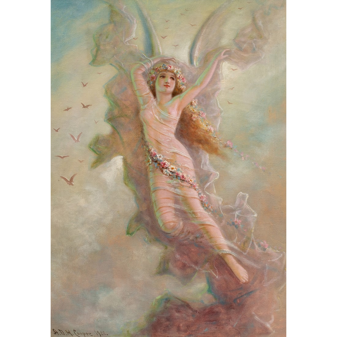 Painting, A.D.M. Cooper: A.D.M. Cooper (American, 1856-1924), "Ascending Spirit," 1922, oil on canvas, signed and dated lower right, canvas: 27.5"h x 19.25"w, overall (with frame): 32.25"h x 24.75"w