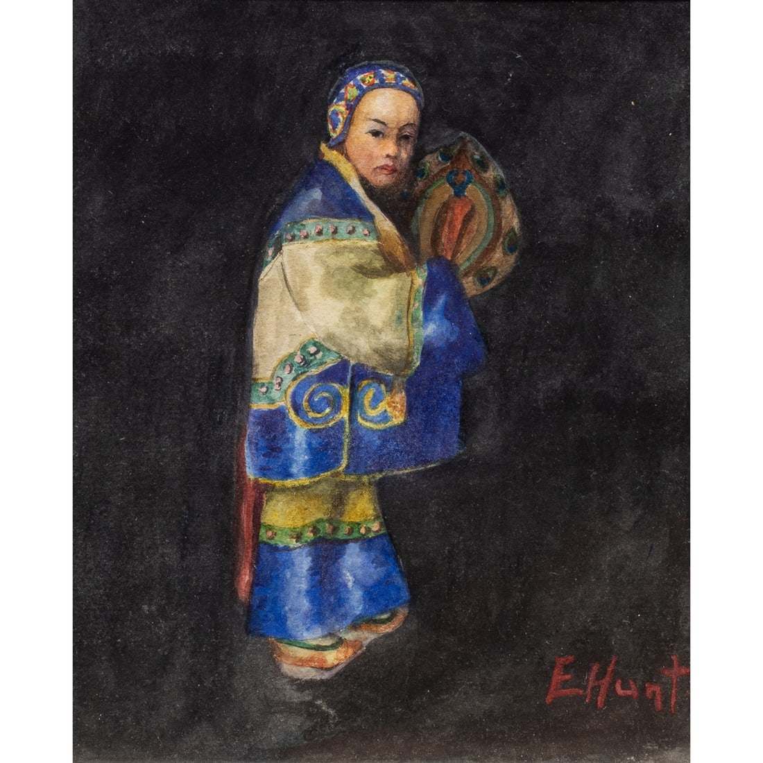 Watercolor, Esther Hunt: Esther Anna Hunt (American, 1875-1951), "A Peacock Fan," watercolor, signed lower right, titled verso, sight: 8"h 6.75"w, overall (with frame): 13.5"h x 12.25"w