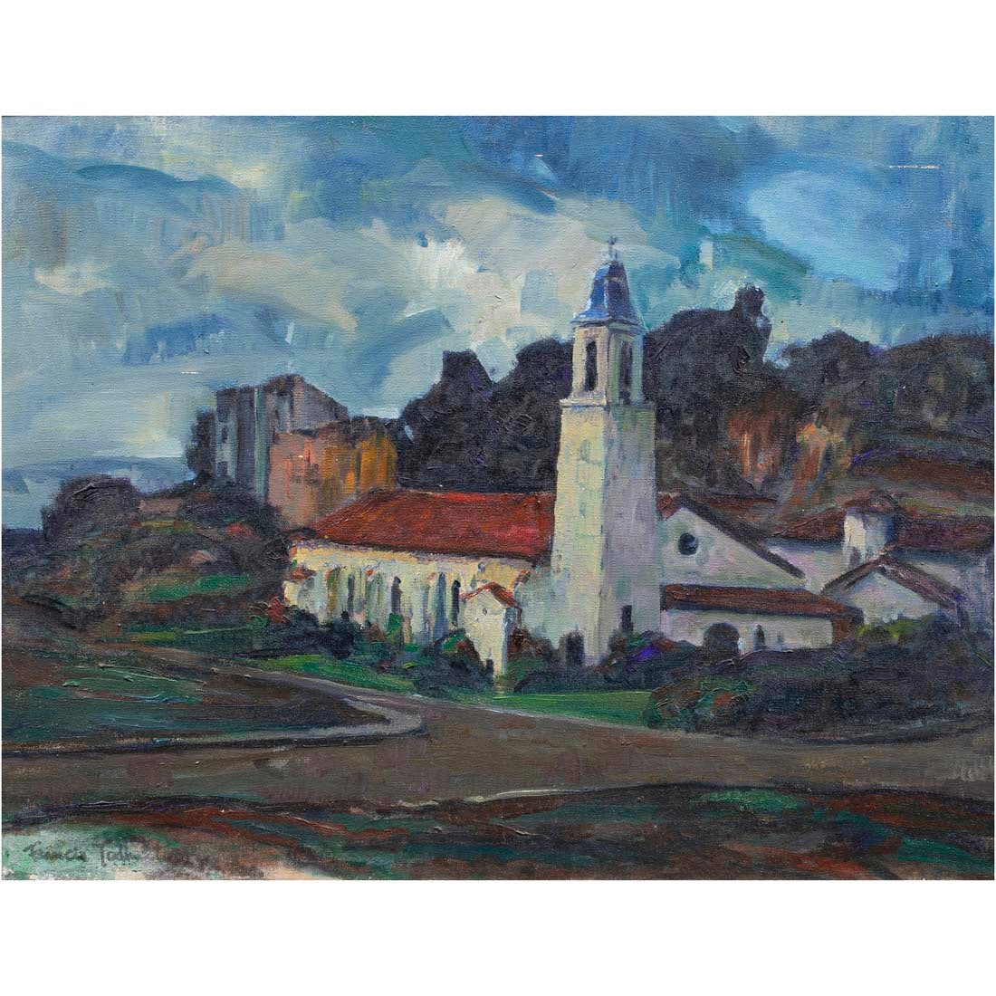 Painting, Francis Todhunter: Francis Todhunter (American, 1884-1963), California Mission, oil on canvas, signed lower left, canvas: 20"h x 26"w, overall (with frame): 26.25"h x 32.35"w