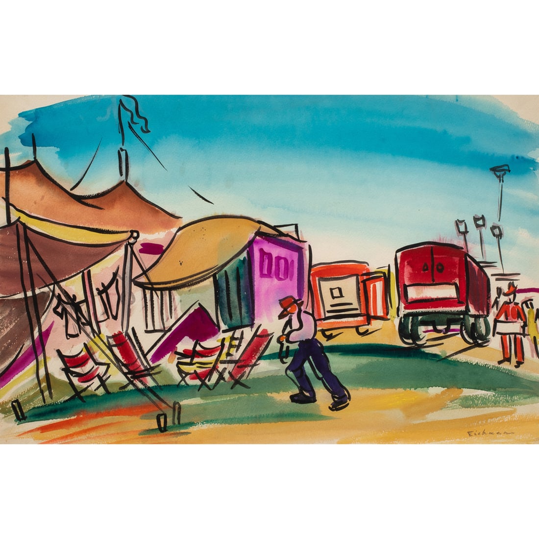 Watercolor, Bernard Von Eichman: Bernard Von Eichman (American, 1899-1970), Circus Scene, watercolor, signed lower right, sight: 14"h x 21.5"w, overall (with frame): 22"h x 29.5"w