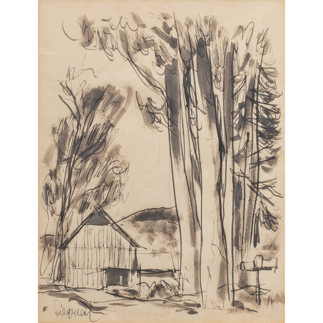 Work on paper, Louis Siegriest: Louis Siegriest (American, 1899-1989), Trees and Barn, inkwash on paper, signed lower left, sight: 11.5"h x 8.75"w, overall (with frame): 17"h x 13"w